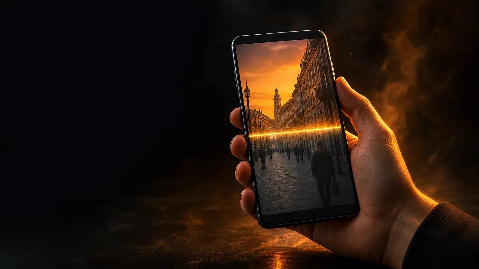 Рука держит смартфон на Android: по экрану проходит янтарная линия, выше неё снимок улицы уже обработан нейросетью — закатное небо и без лишних прохожих, ниже — исходный тусклый кадр