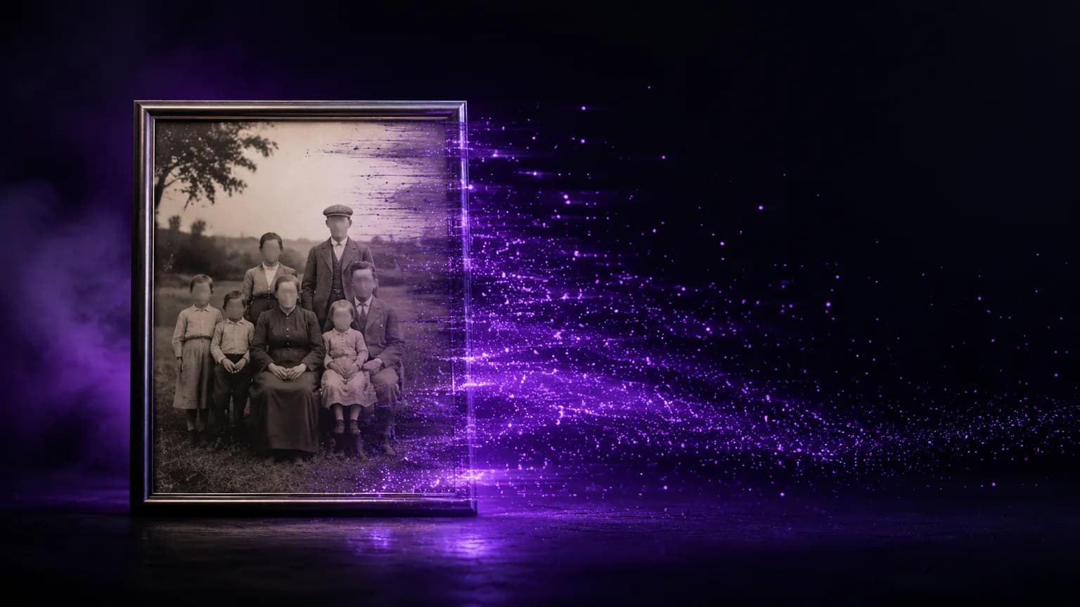 Старая фотография в рамке, из которой вытекает фиолетовый световой шлейф — метафора оживления снимка нейросетью