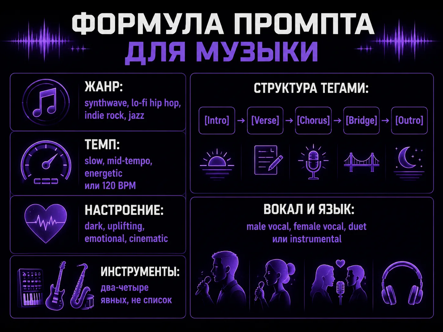 Шесть блоков рабочего промпта для генерации музыки