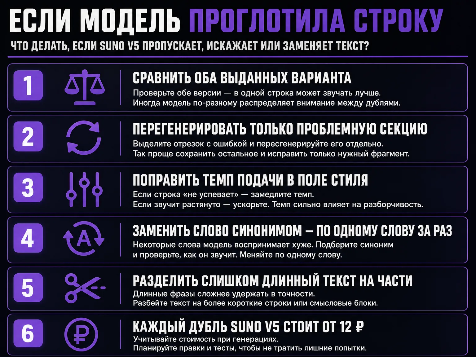 Инфографика из шести шагов на случай, когда модель проглотила строку: сравнить оба варианта, перегенерировать секцию, поправить темп, заменить слово, разделить длинный текст, помнить о цене дубля