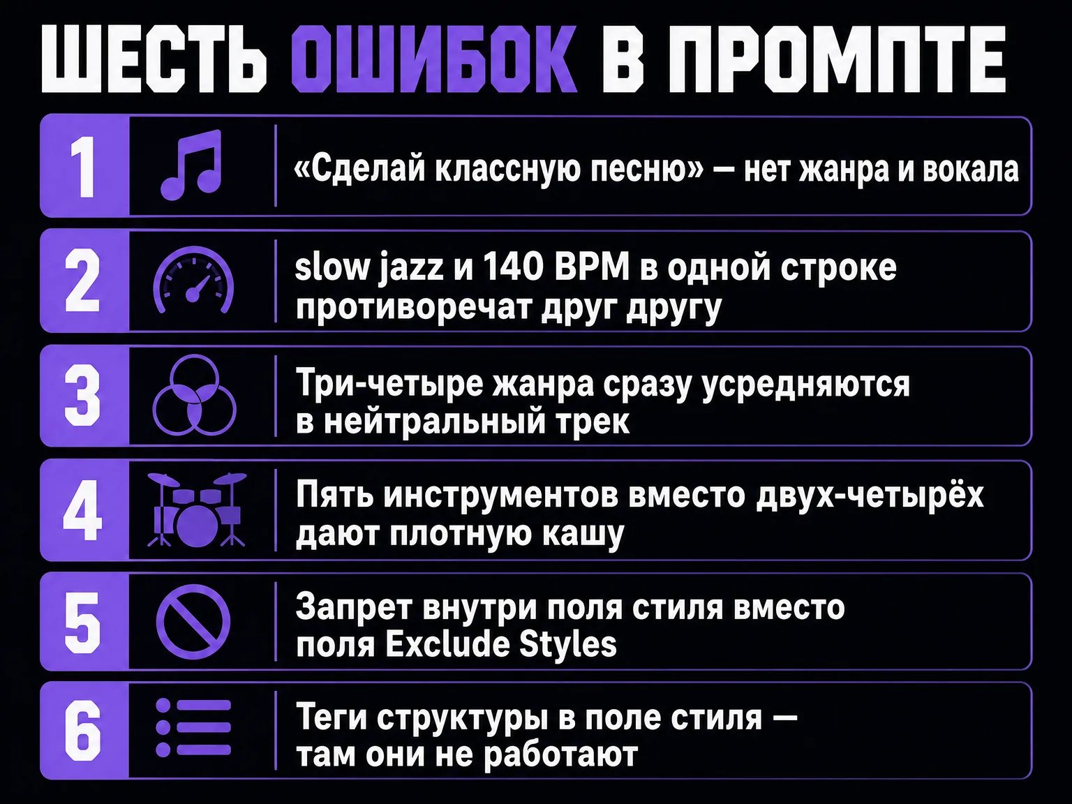 Инфографика: шесть типичных ошибок в промпте для Suno