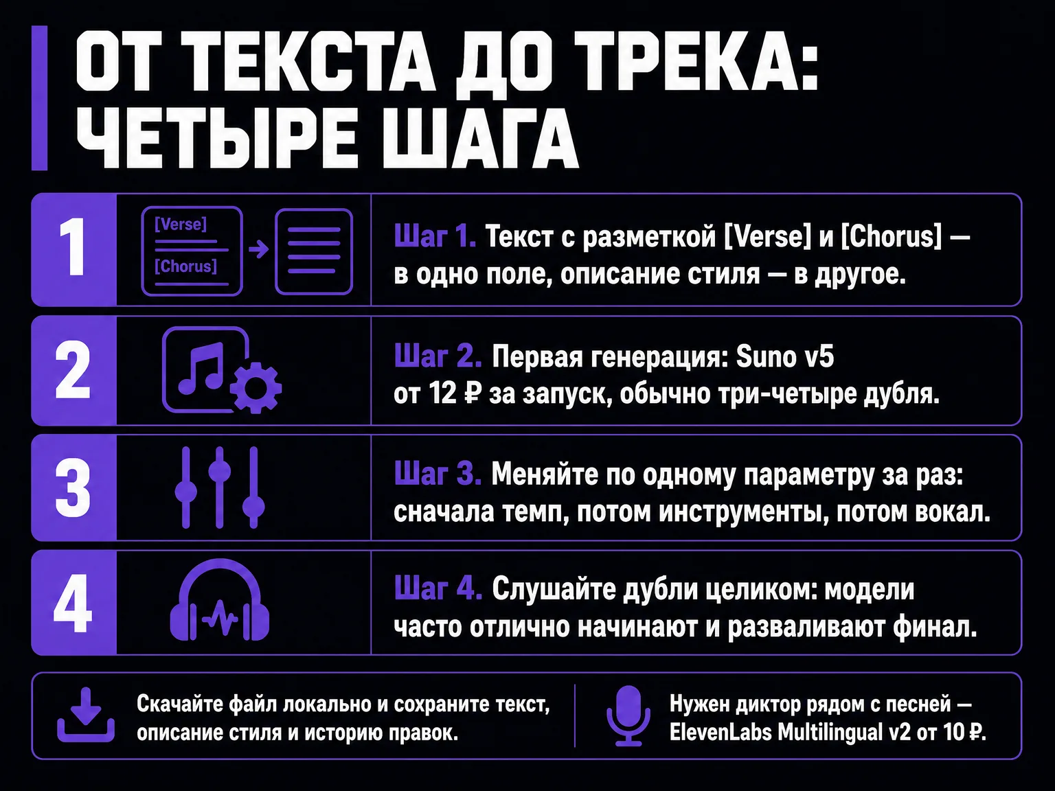 Инфографика из четырёх шагов создания трека: заполнение полей текста и стиля, первая генерация Suno v5 от 12 ₽, изменение по одному параметру, прослушивание дублей целиком и сохранение файла