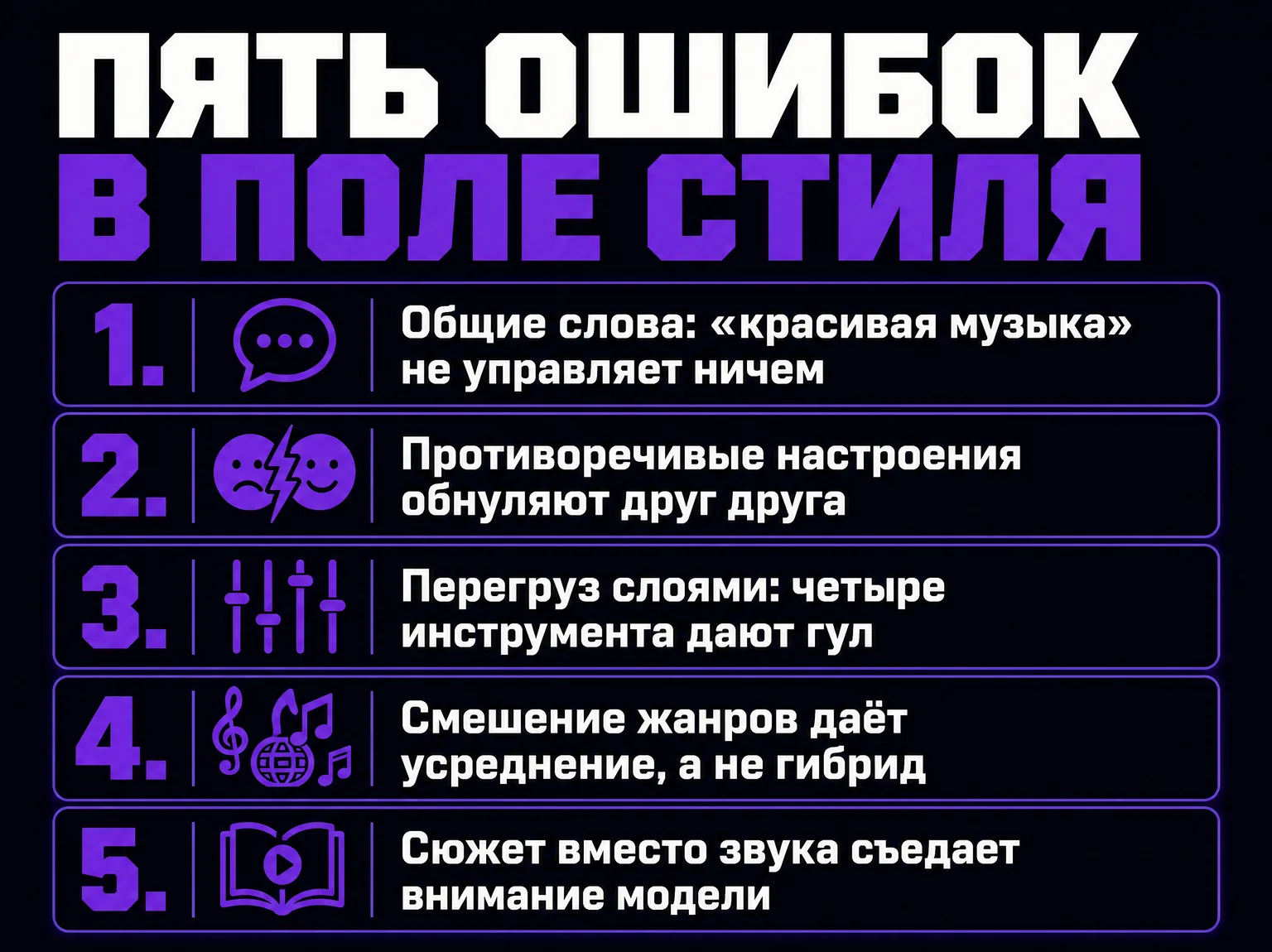 Список пяти ошибок в поле стиля Suno: общие слова, противоречия, перегруз, смешение жанров, сюжет