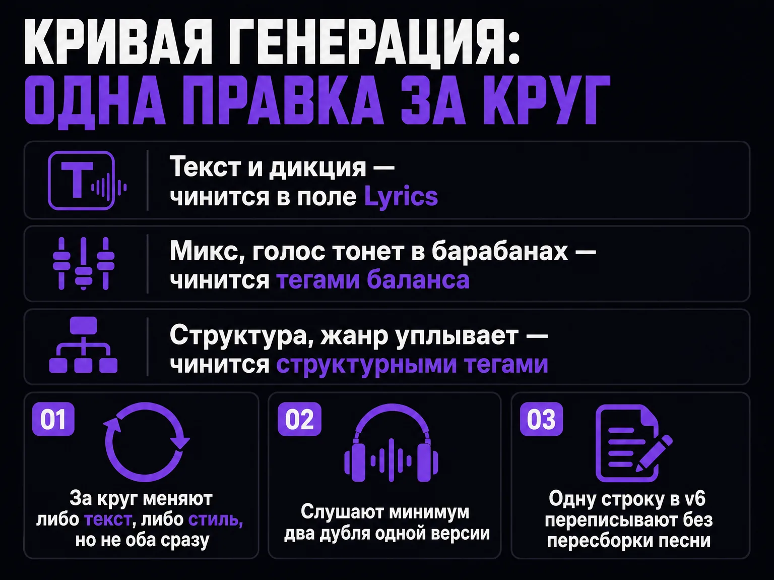 Инфографика: три класса провалов генерации и правило одной правки за круг