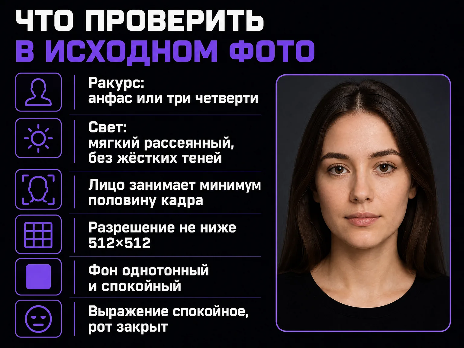 Инфографика: шесть требований к исходному фото — ракурс, свет, крупность лица, разрешение, фон, выражение