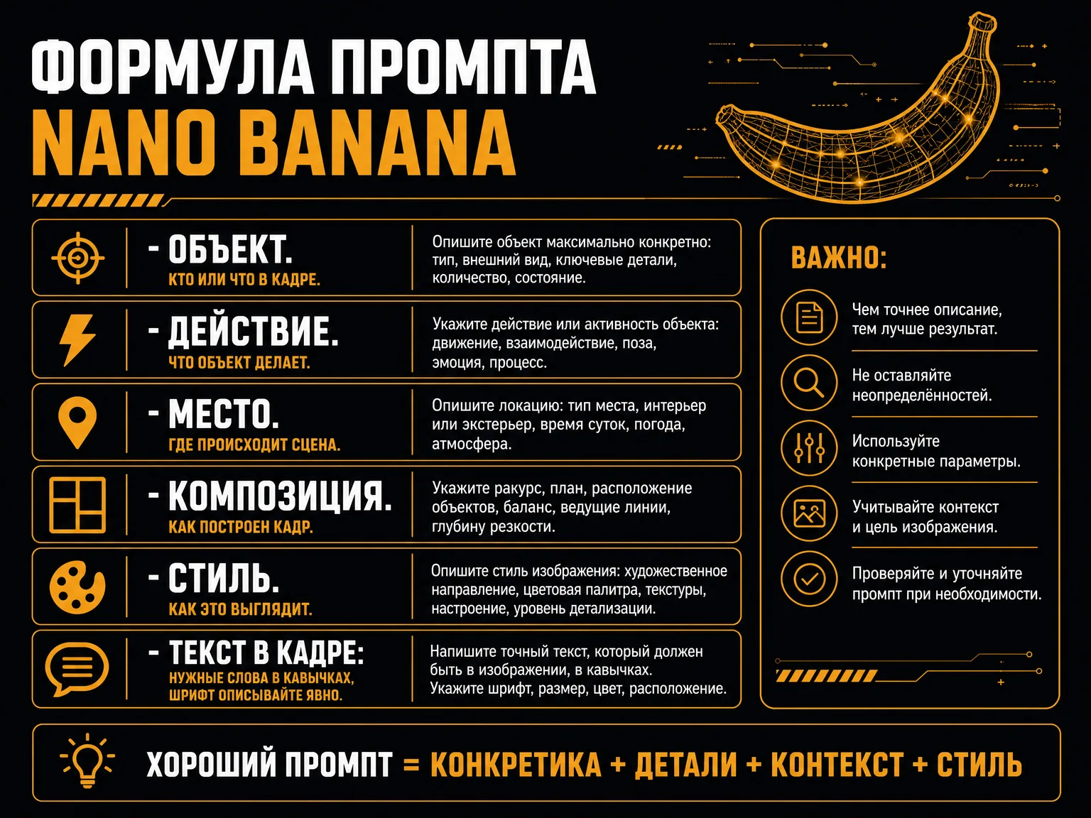 Схема формулы промпта: объект, действие, место, композиция, стиль и правило для текста в кадре