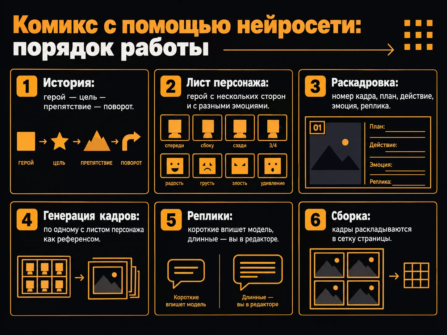 Шесть шагов работы над комиксом: история, лист персонажа, раскадровка, генерация кадров, реплики, сборка страницы