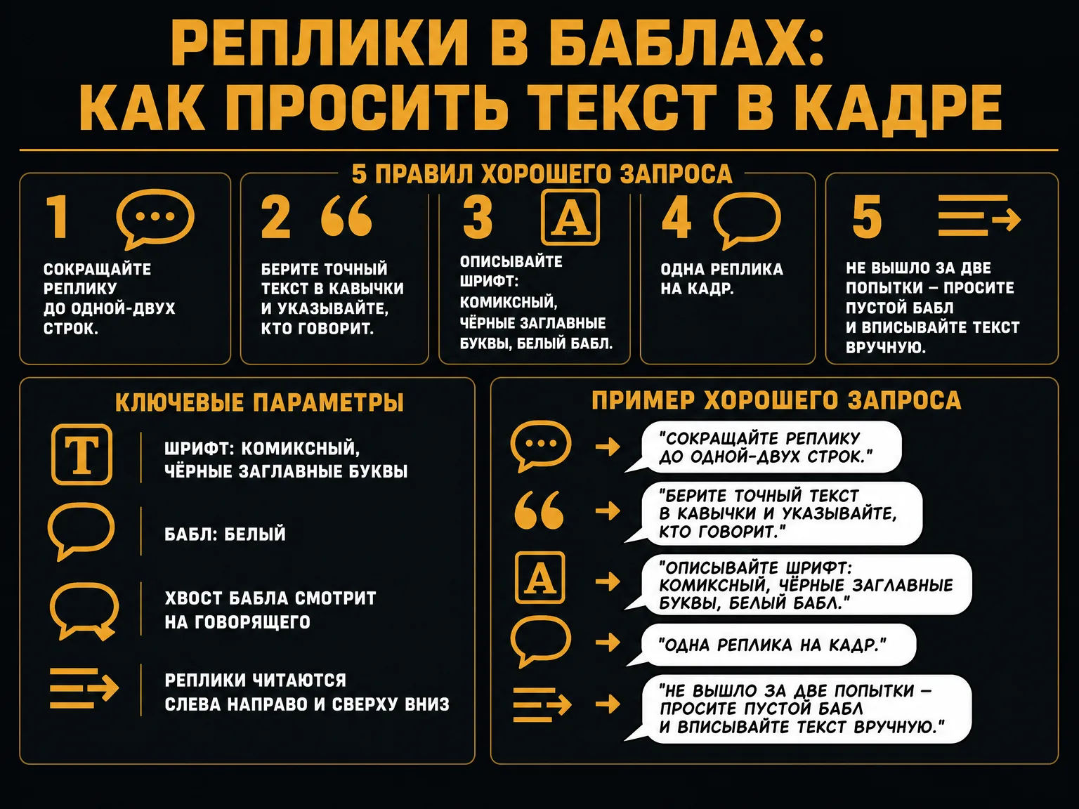 Памятка по репликам в баблах: короткий текст в кавычках, описание шрифта, одна реплика на кадр, пустой бабл как запасной путь