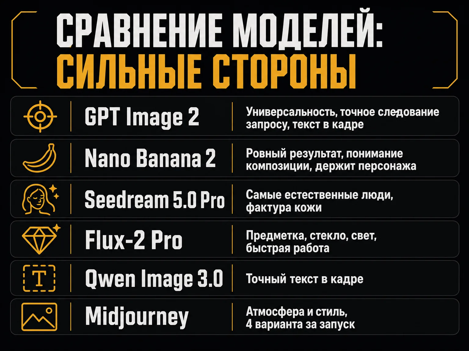 Инфографика: сильные стороны шести моделей для фото — GPT Image 2, Nano Banana 2, Seedream 5.0 Pro, Flux-2 Pro, Qwen Image 3.0 и Midjourney