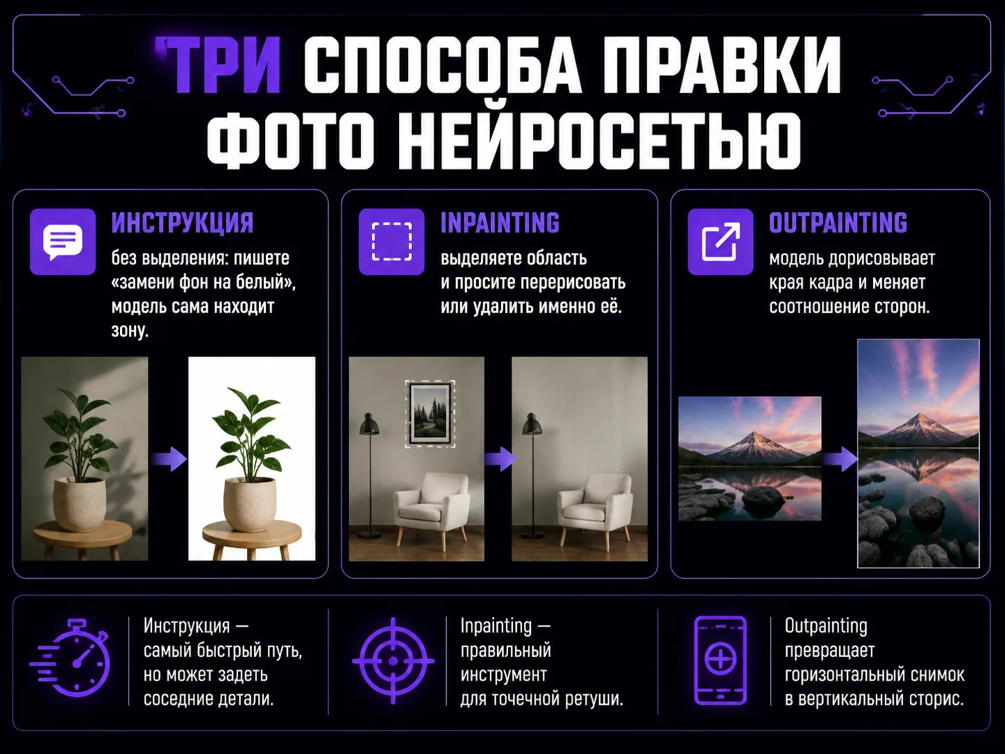 Схема трёх способов правки фото: инструкция, выделение области, дорисовка краёв