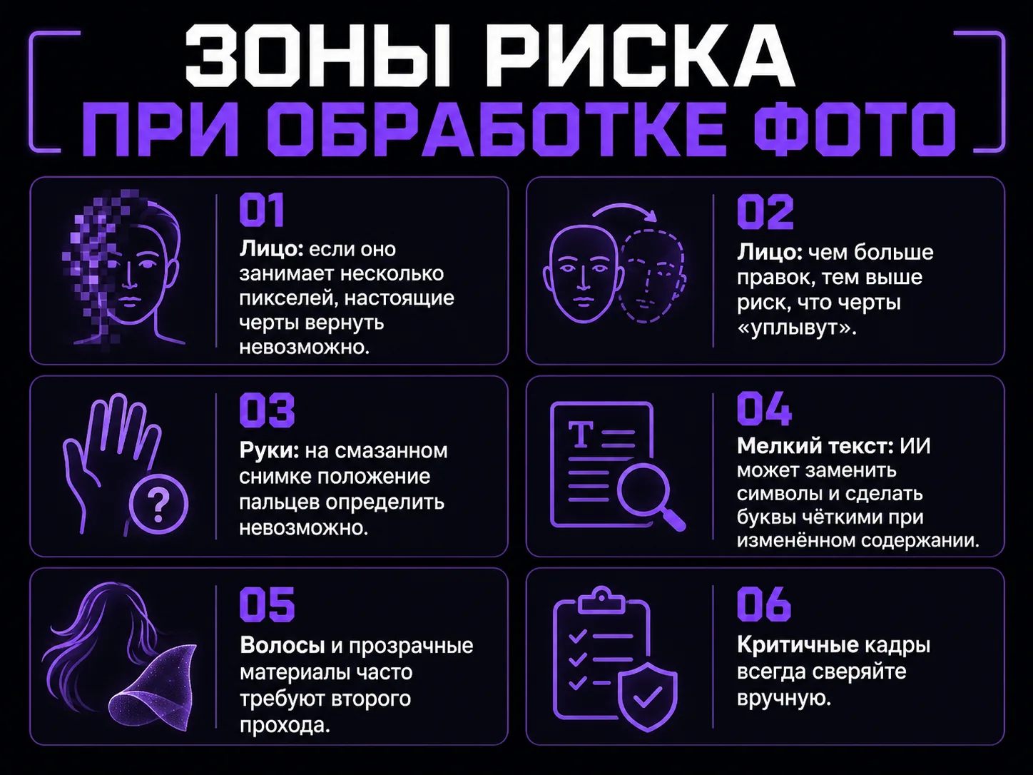 Список зон риска при обработке фото нейросетью: лицо, руки, мелкий текст