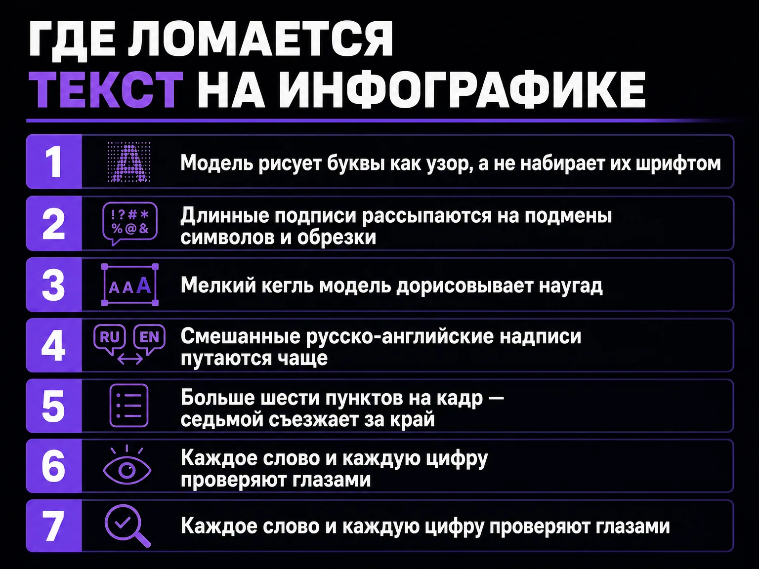 Пронумерованный список причин, по которым текст на сгенерированной инфографике рассыпается: буквы как узор, длинные подписи, мелкий кегль, смешанные языки, больше шести пунктов на кадр, проверка каждого слова глазами