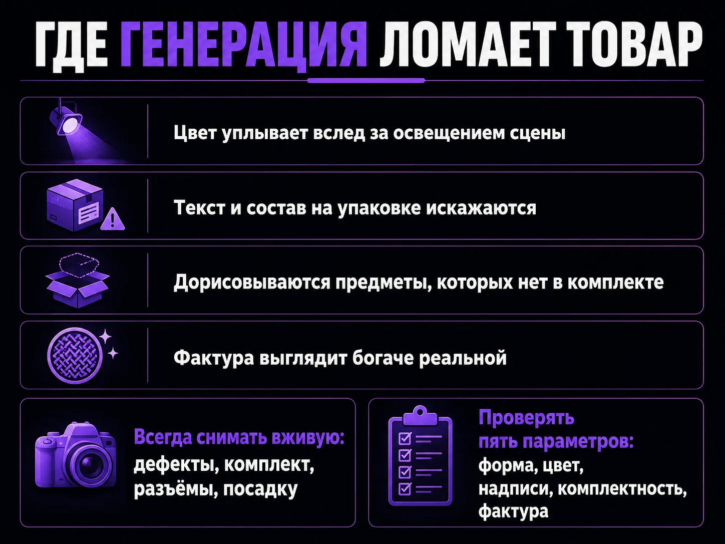 Риски генерации фото товара: уплывший цвет, искажённый текст упаковки, лишние предметы, приукрашенная фактура, список того, что снимают вживую