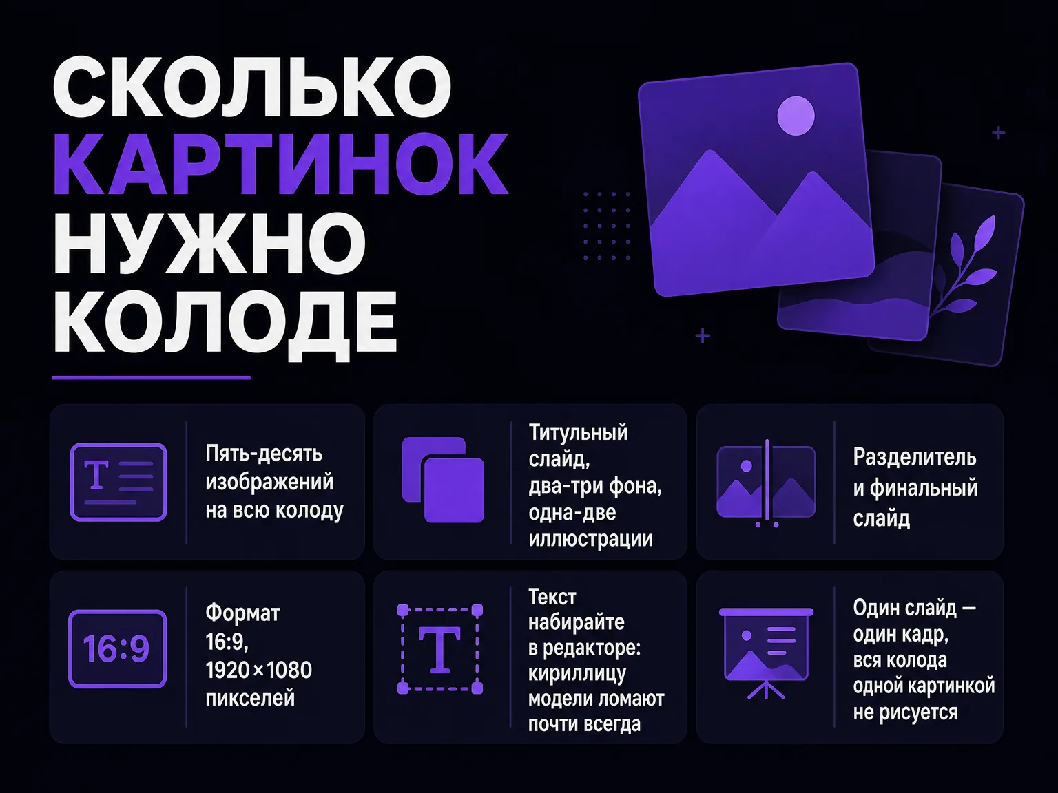 Инфографика: сколько изображений нужно презентации — пять-десять на колоду, формат 16:9, текст набирается в редакторе