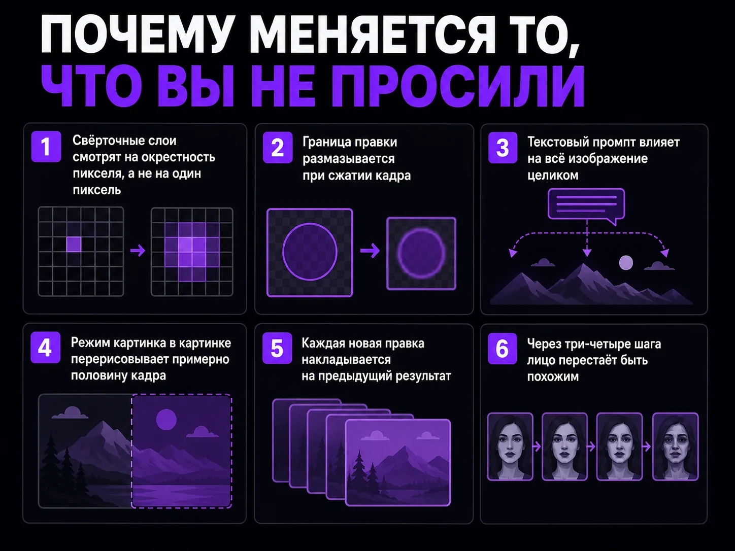 Список причин: окрестность пикселя, размазанная граница правки, влияние промпта на весь кадр, перерисовка половины изображения, накопление правок, дрейф лица