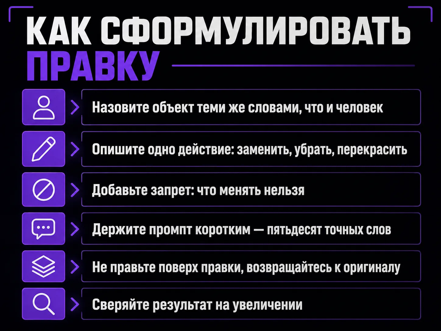 Шаги формулировки правки: назвать объект, одно действие, явный запрет, короткий промпт, возврат к оригиналу, проверка на увеличении