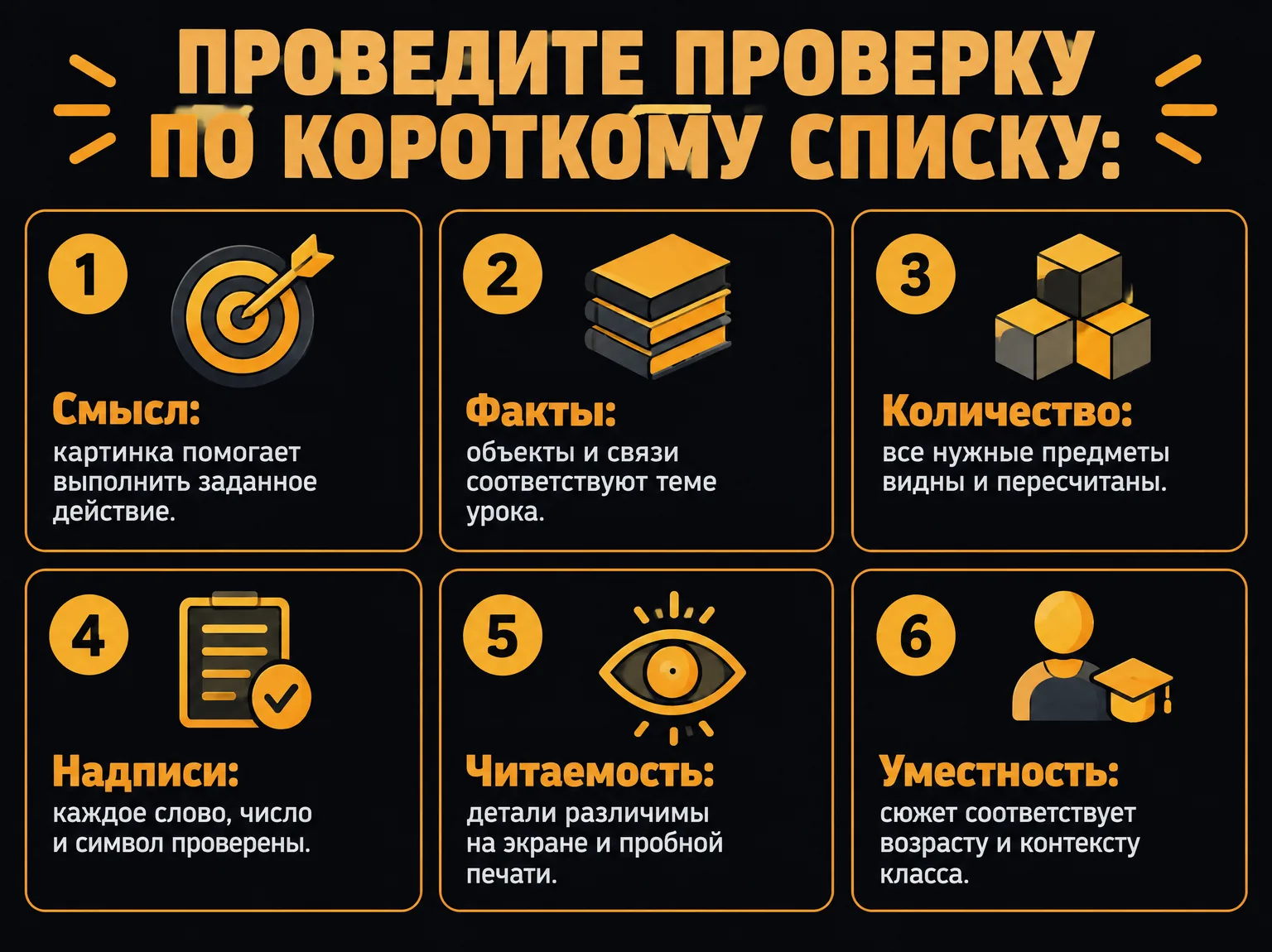 Шесть проверок перед уроком: смысл, факты, количество объектов, надписи, читаемость и уместность.