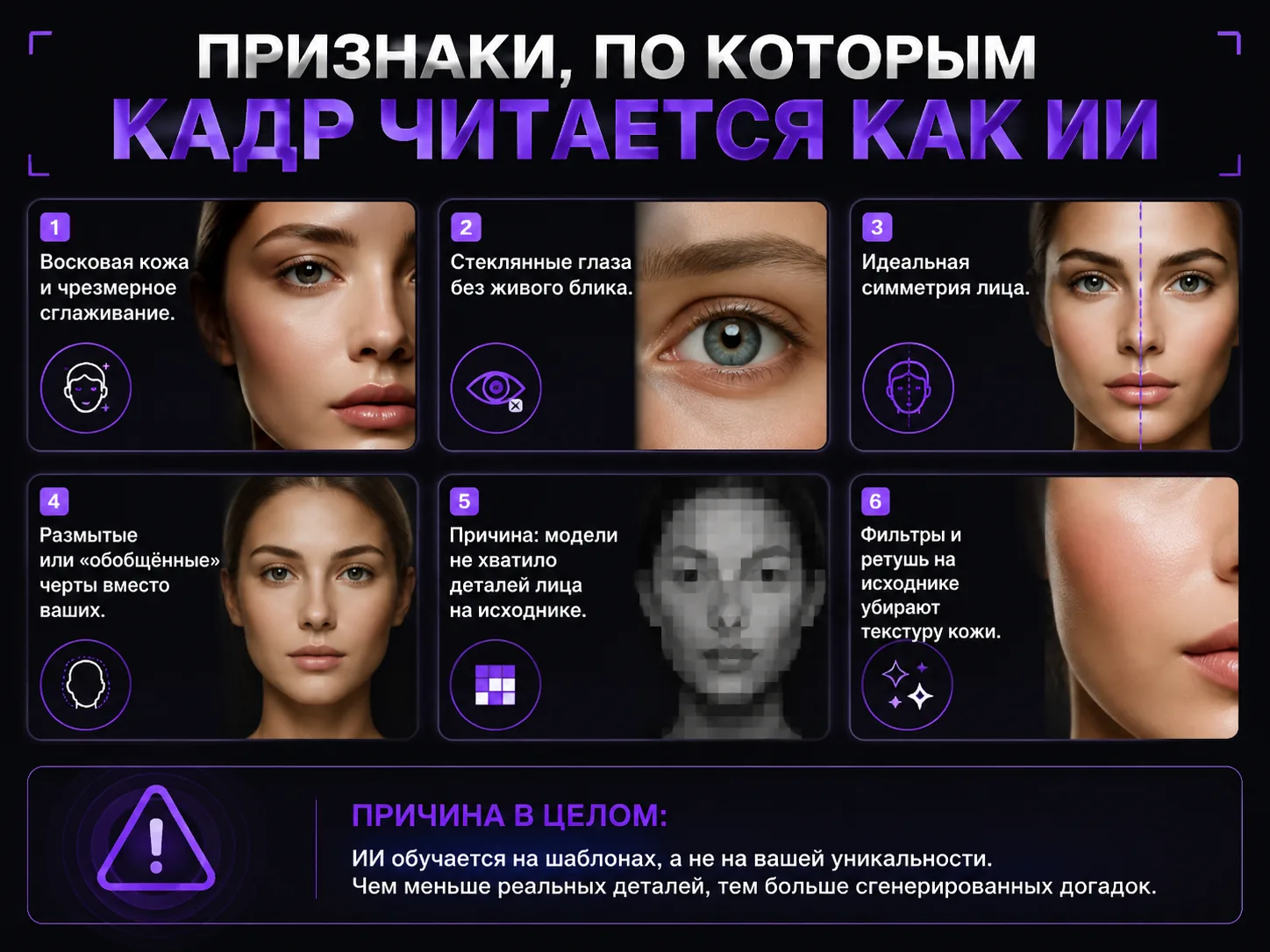 Признаки, по которым портрет читается как сгенерированный