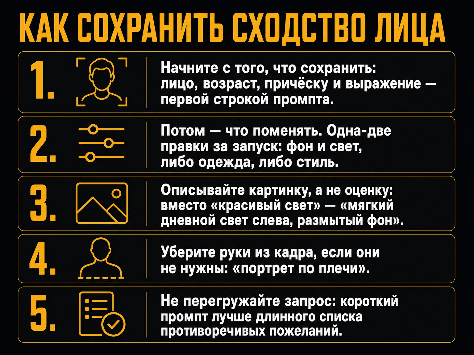 Пять шагов промпта, которые помогают сохранить сходство лица при генерации по фото