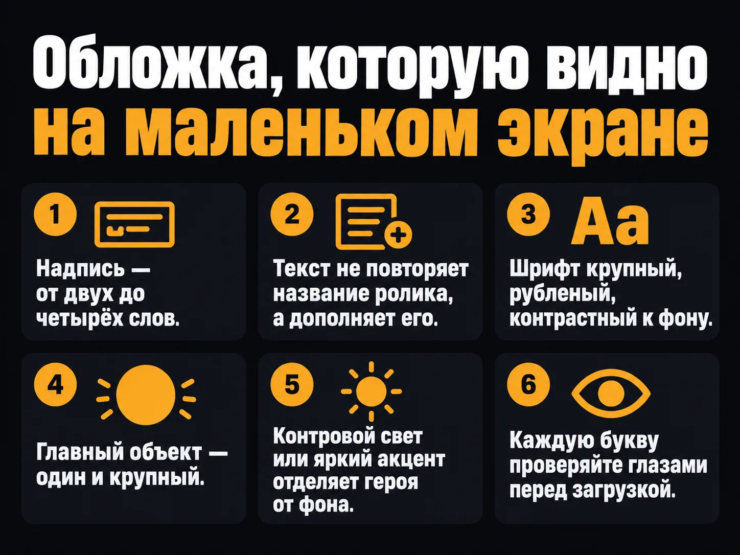 Шесть правил обложки для маленького экрана: короткая надпись, текст дополняет название, крупный контрастный шрифт, один крупный объект, контровой свет, проверка букв