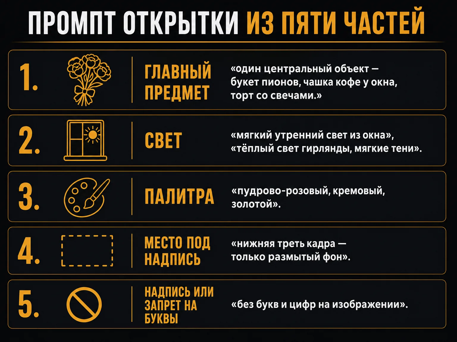 Схема промпта открытки из пяти частей: главный предмет, свет, палитра, место под надпись и надпись или запрет на буквы
