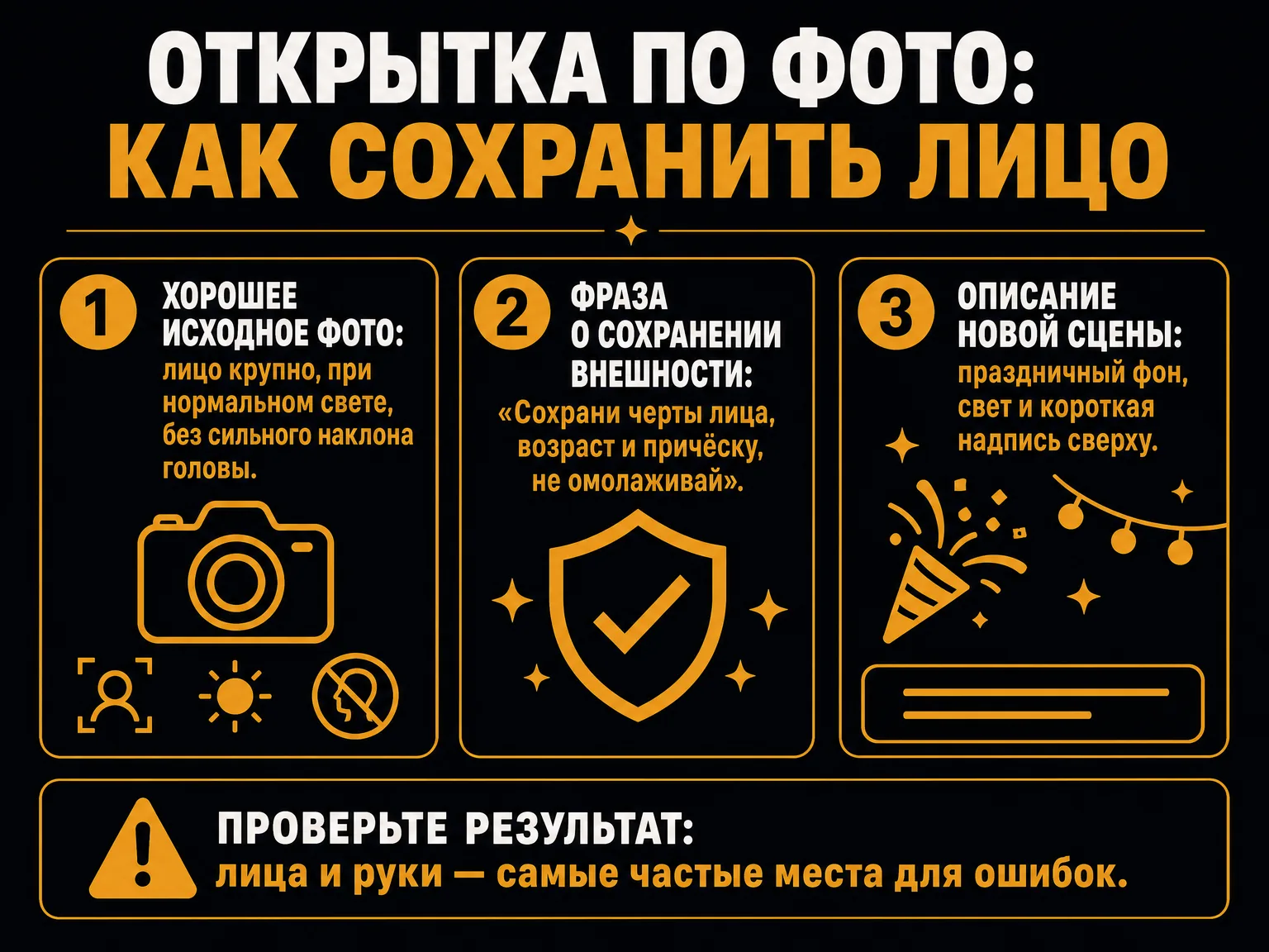 Три шага открытки по фото: хорошее исходное фото, фраза о сохранении внешности и описание новой сцены, плюс проверка лиц и рук