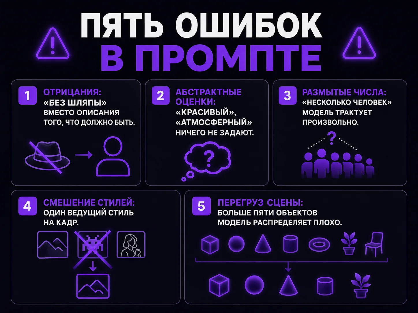 Список из пяти типичных ошибок при написании промпта