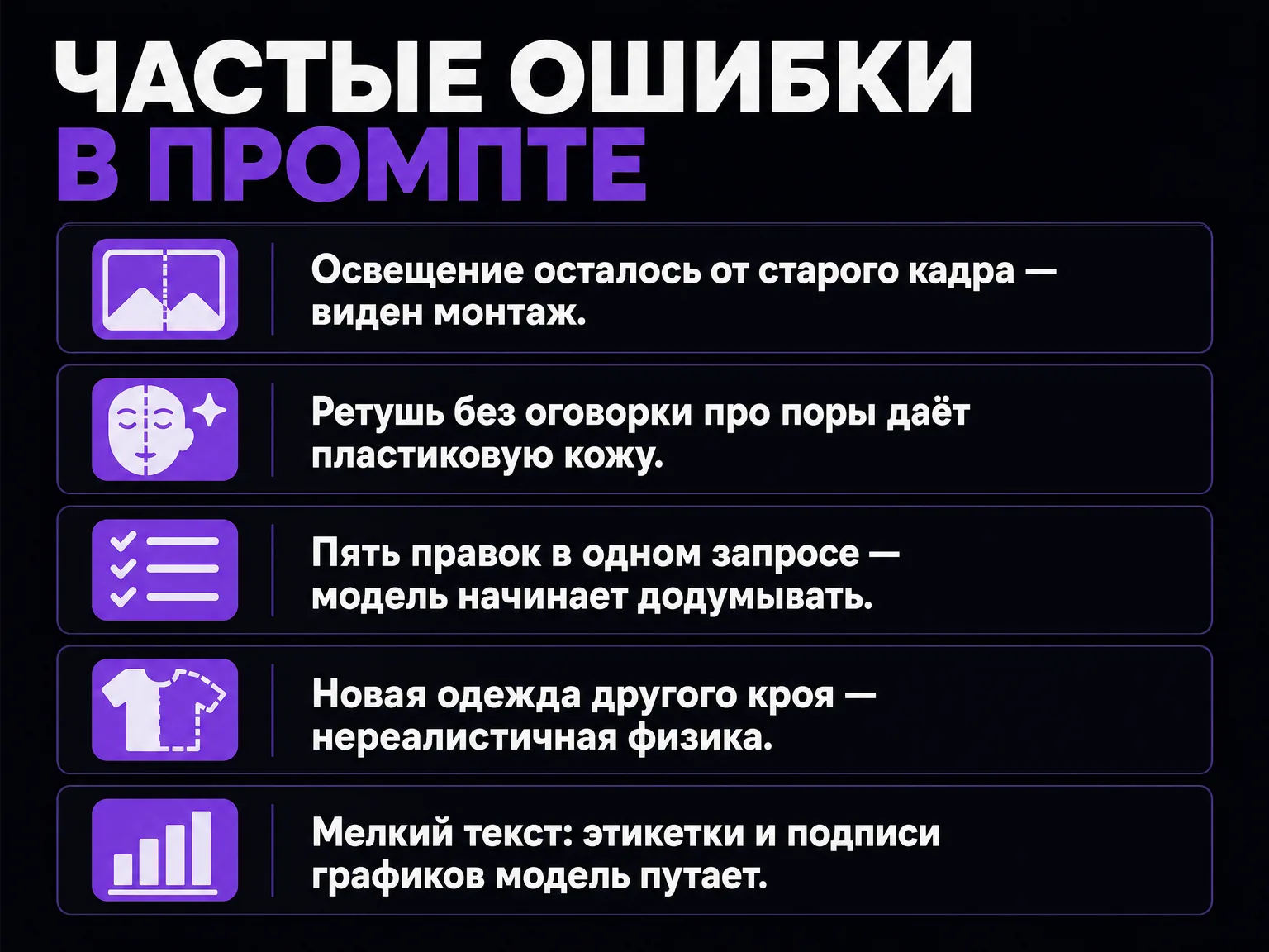 Инфографика со списком частых ошибок в промпте: унаследованное освещение, переобработка, пять правок за раз, одежда другого кроя, мелкий текст