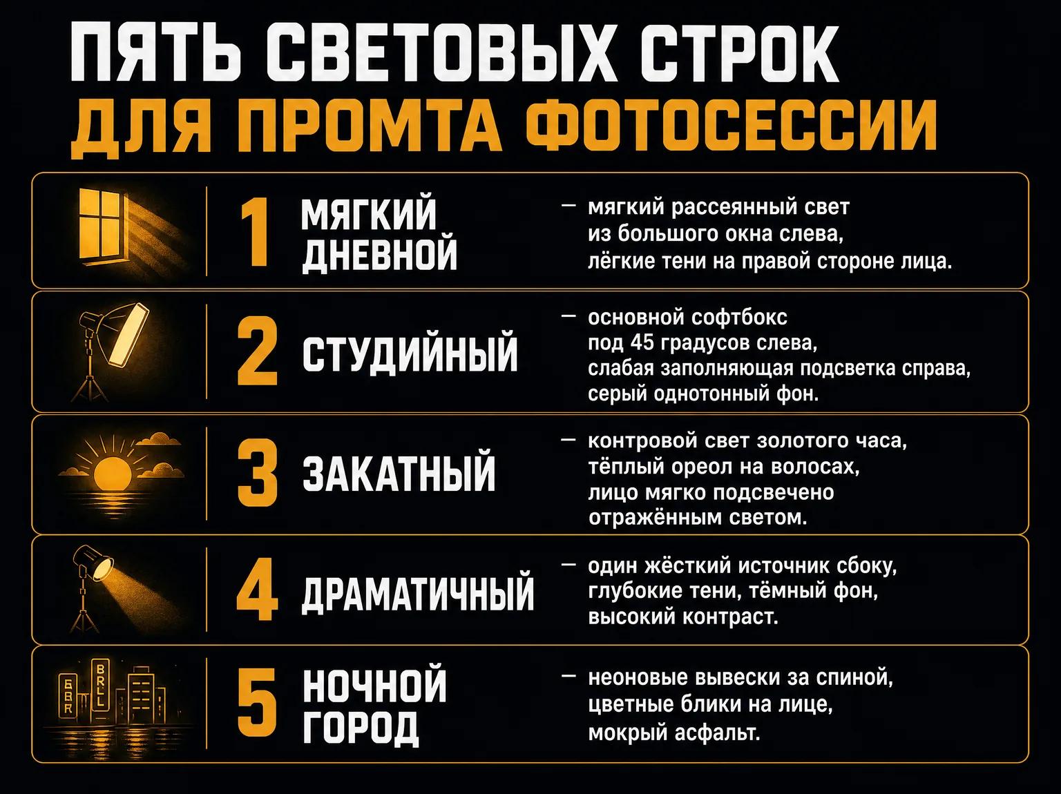 Пять готовых световых строк для промта фотосессии: мягкий дневной, студийный, закатный, драматичный и ночной город