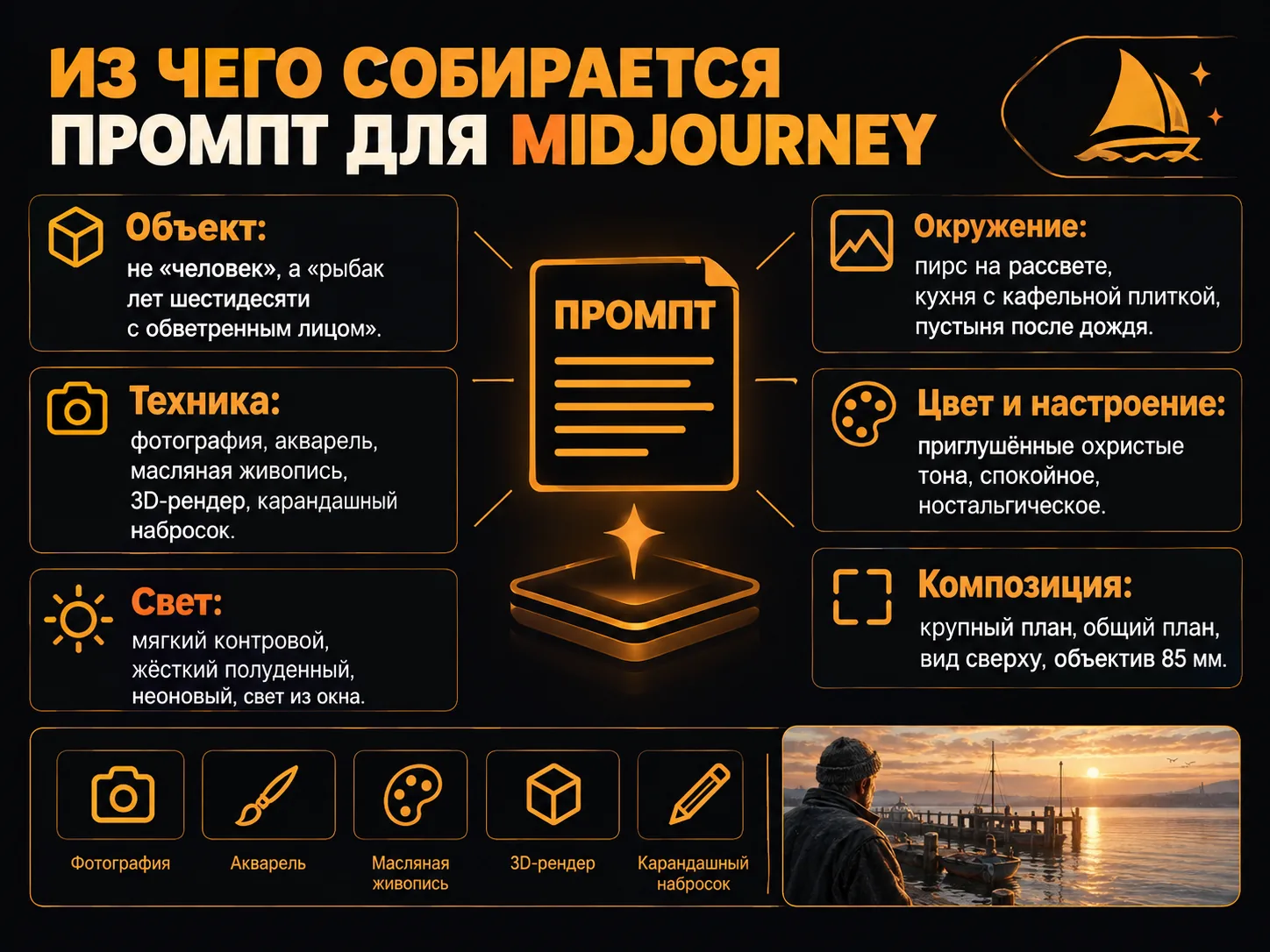 Схема из шести блоков: из чего собирается промпт для Midjourney — объект, техника, окружение, свет, цвет и настроение, композиция, с примерами