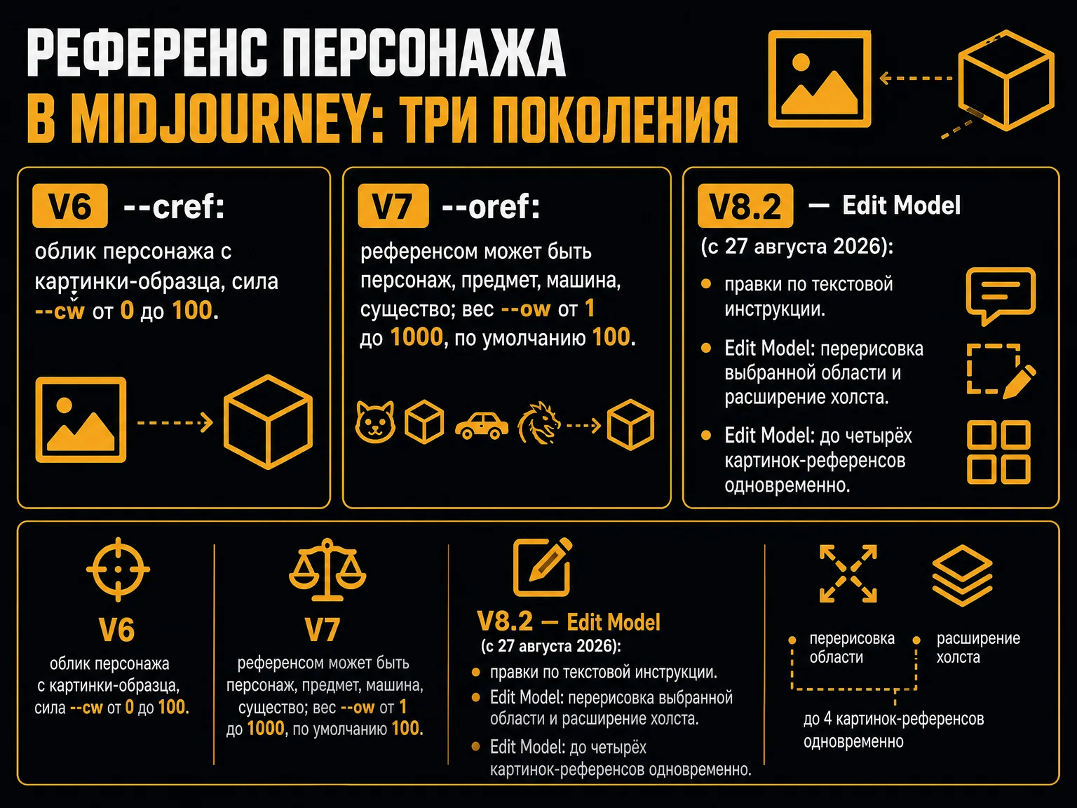 Схема смены механизмов референса персонажа в Midjourney: --cref в V6, --oref в V7 и Edit Model в V8.2