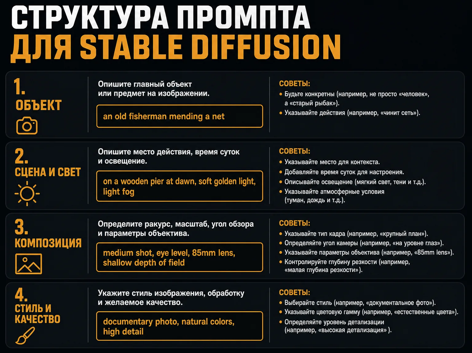 Схема из четырёх слоёв промпта для Stable Diffusion: объект, сцена и свет, композиция, стиль и качество, с английскими примерами