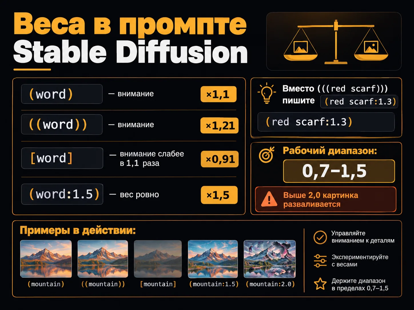 Шпаргалка по весам в промпте Stable Diffusion: круглые и квадратные скобки, явный множитель и рабочий диапазон 0,7–1,5