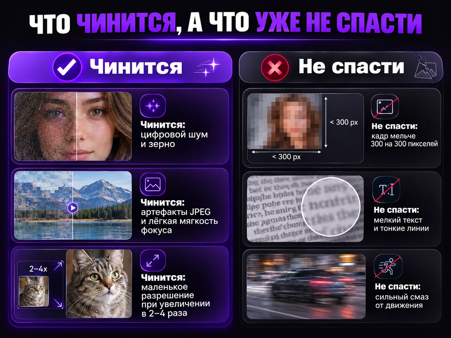 Список: шум, артефакты JPEG, мягкий фокус и малое разрешение чинятся; кадр мельче 300 на 300, мелкий текст и сильный смаз — нет