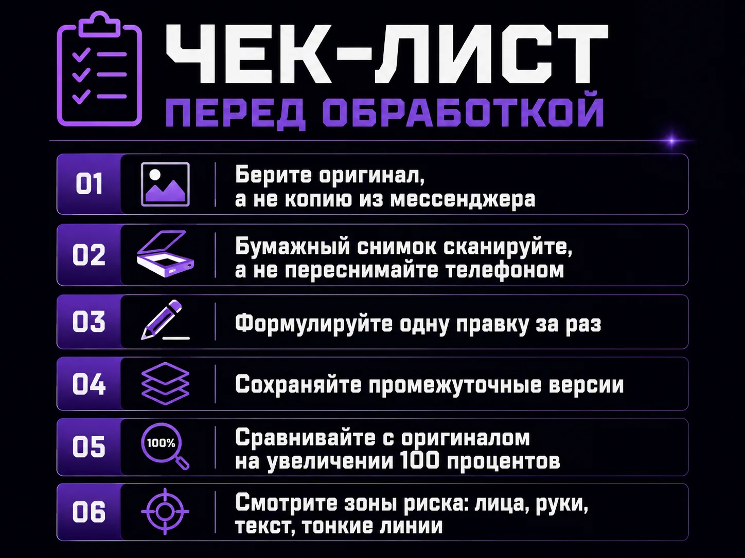 Чек-лист: оригинал вместо копии, скан вместо пересъёмки, одна правка за раз, промежуточные версии, сравнение на 100 процентах, проверка зон риска