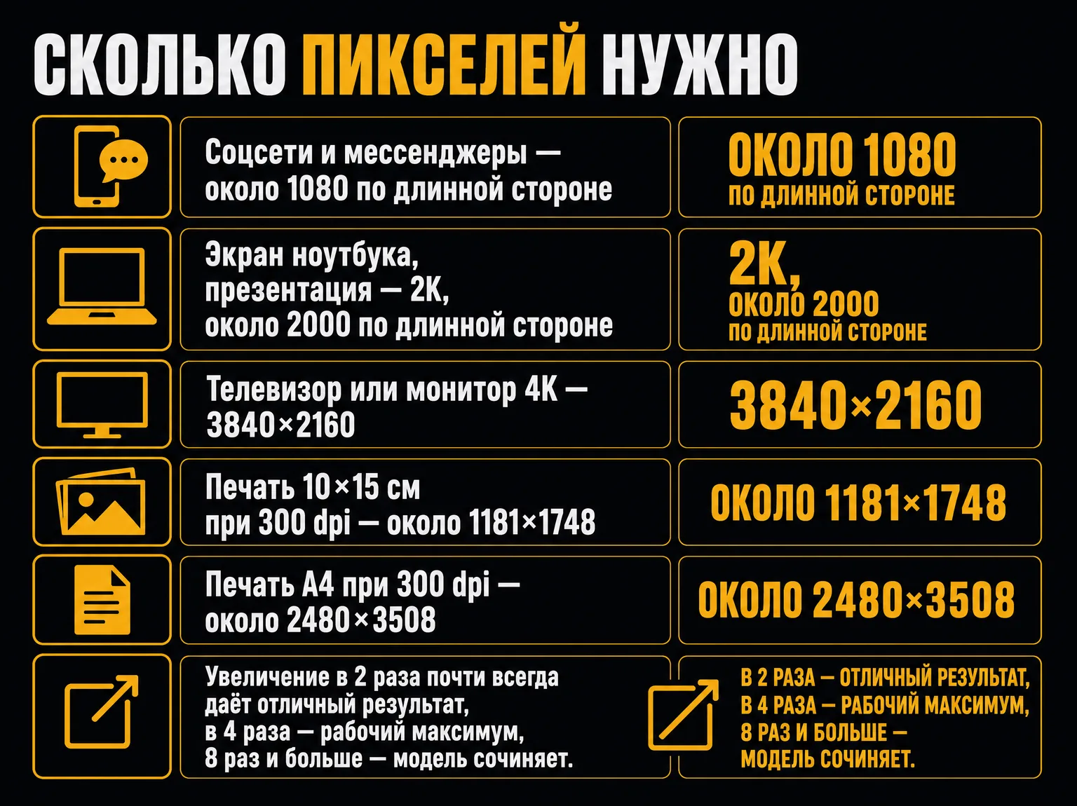 Таблица разрешений: 1080 пикселей для соцсетей, 2K для ноутбука, 3840×2160 для 4K, около 1181×1748 для печати 10×15 и 2480×3508 для A4, плюс шкала безопасного увеличения 2×, 4× и 8×