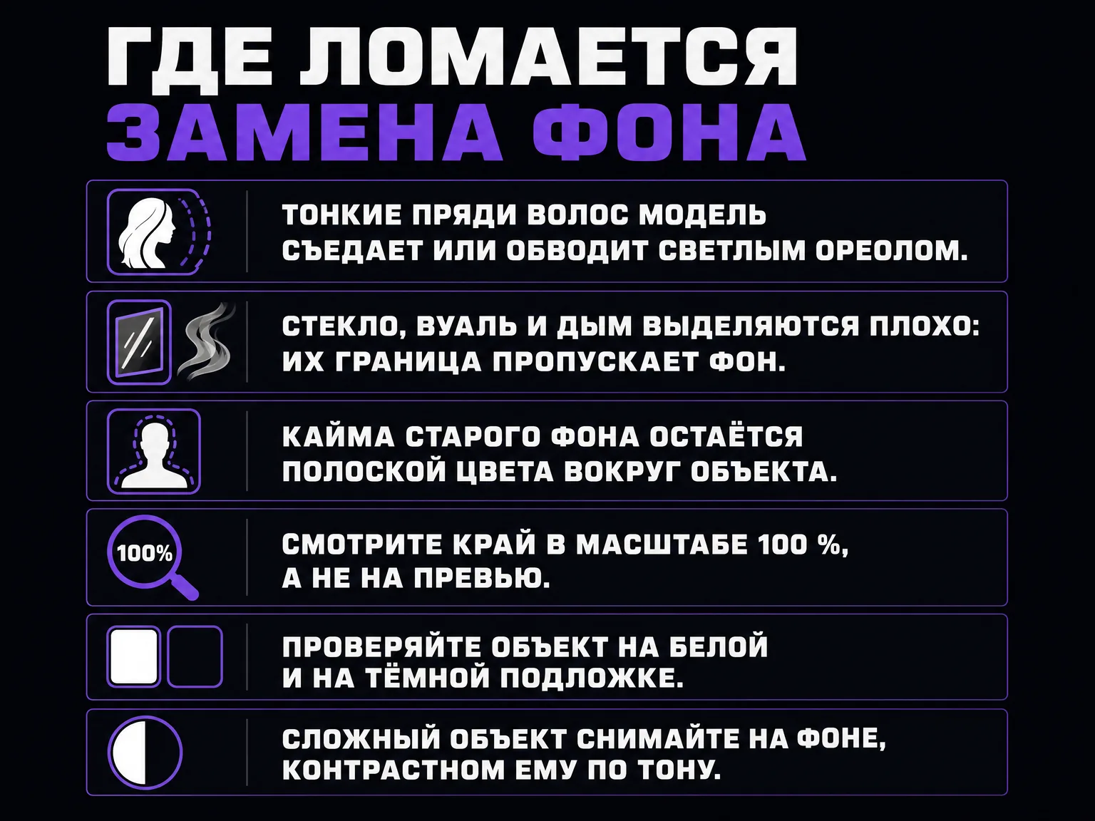 Список из шести пунктов о том, где ломается замена фона: волосы, стекло, кайма старого фона и способы проверки края