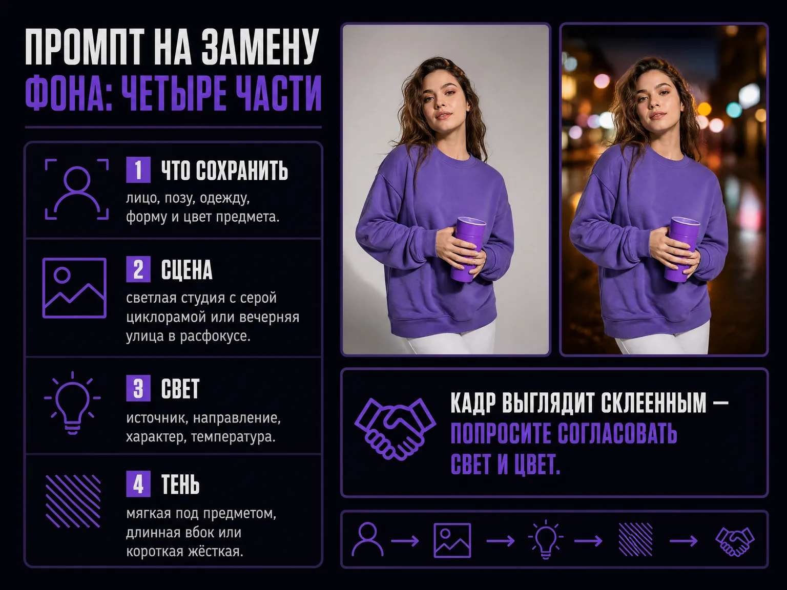Схема промпта на замену фона из четырёх частей — что сохранить, сцена, свет, тень — и пример «до и после»: девушка на серой циклораме и она же на вечерней улице