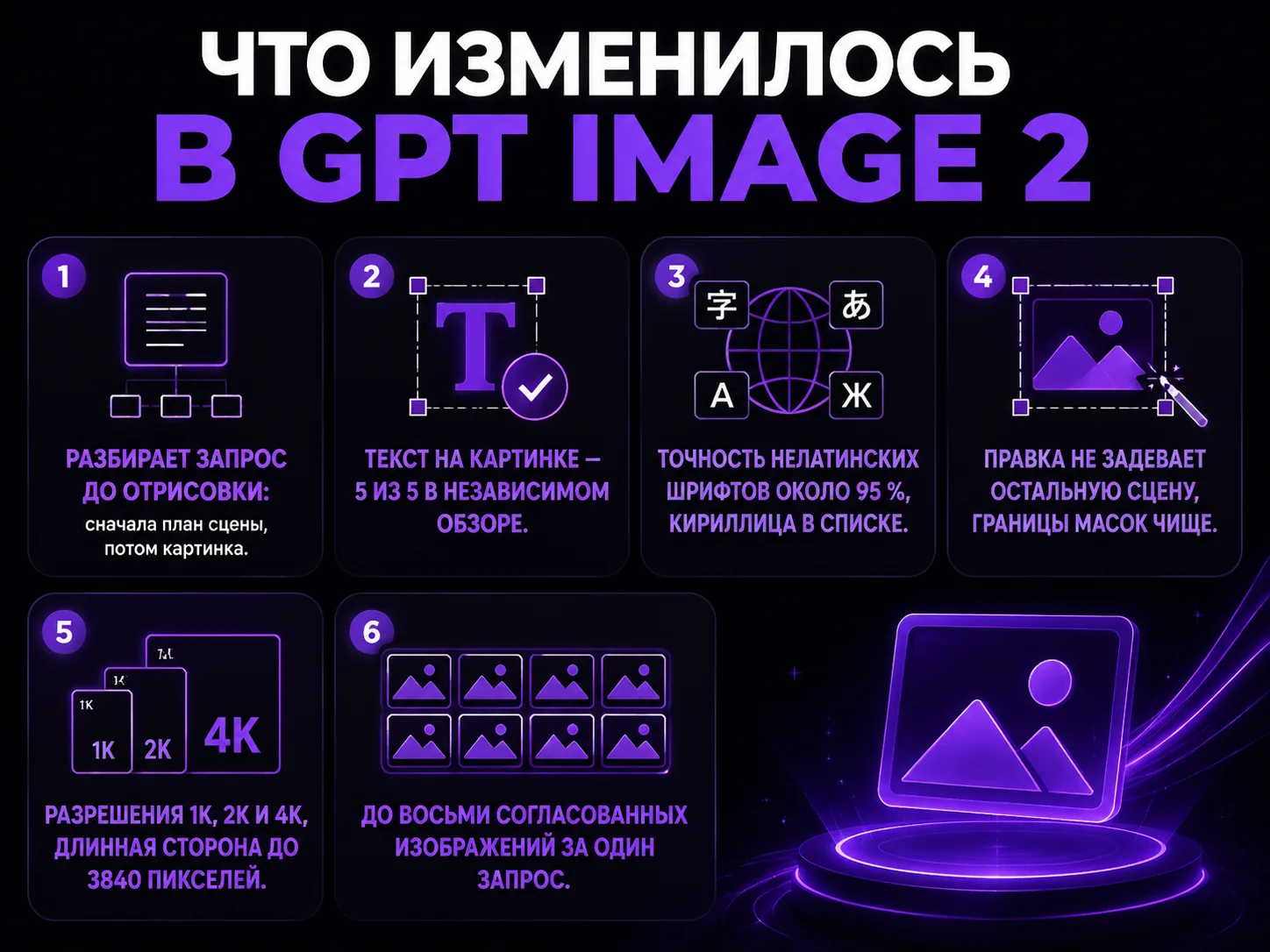 Инфографика: шесть отличий GPT Image 2 от первой версии — план сцены до отрисовки, текст на картинке, кириллица, аккуратные правки, разрешения и серия из восьми кадров