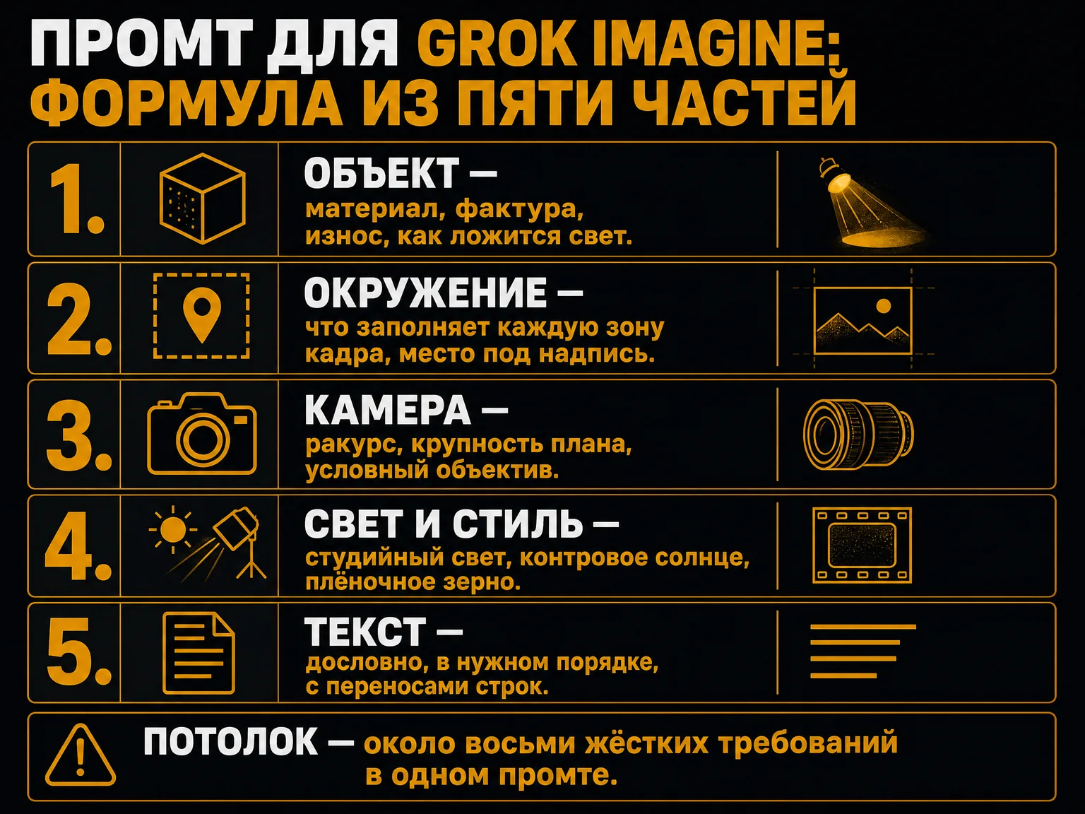 Схема из пяти частей промта для Grok Imagine: объект, окружение, камера, свет и стиль, текст; внизу — предупреждение о потолке в восемь требований