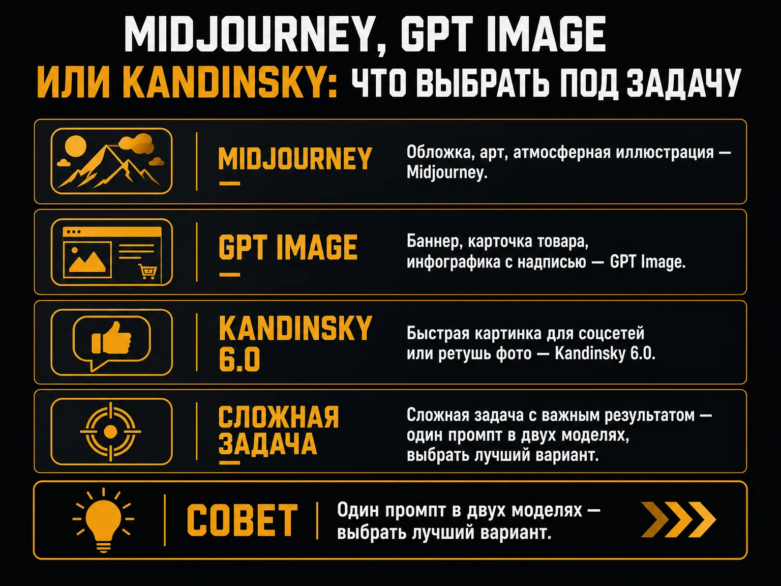 Шпаргалка выбора: Midjourney для арта и обложек, GPT Image для баннеров с надписями, Kandinsky 6.0 для быстрых картинок и ретуши
