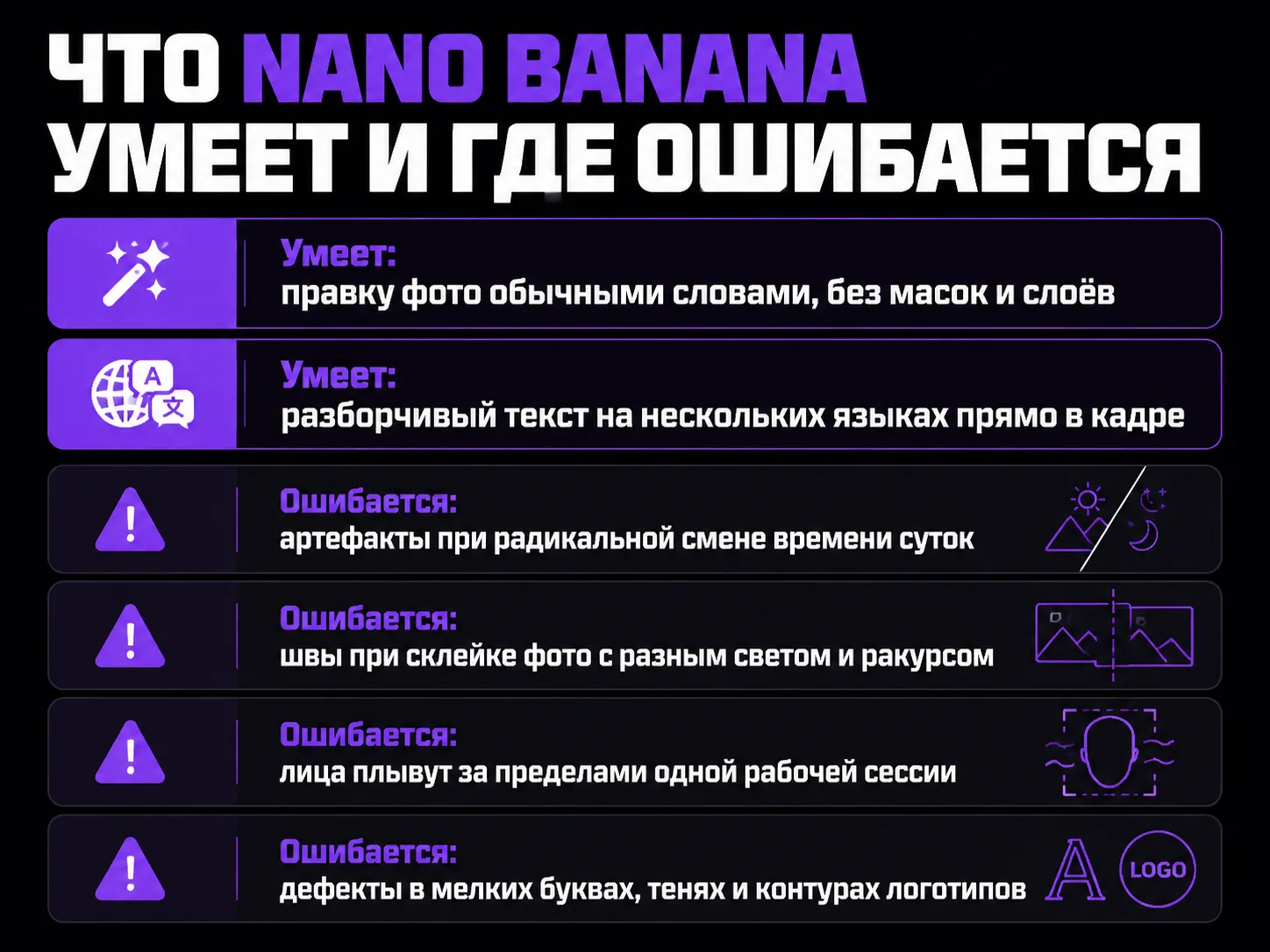 Инфографика с сильными и слабыми сторонами Nano Banana: правка словами и текст в кадре против артефактов, швов и плывущих лиц