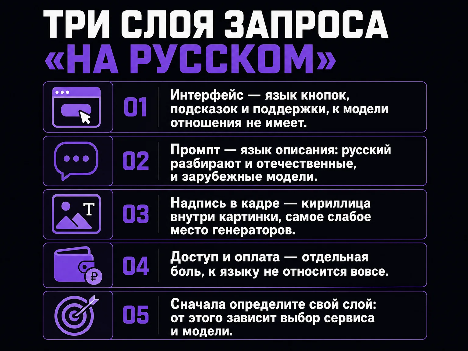 Схема из четырёх блоков: интерфейс, промпт, надпись в кадре и доступ с оплатой — четыре разных смысла запроса «на русском»