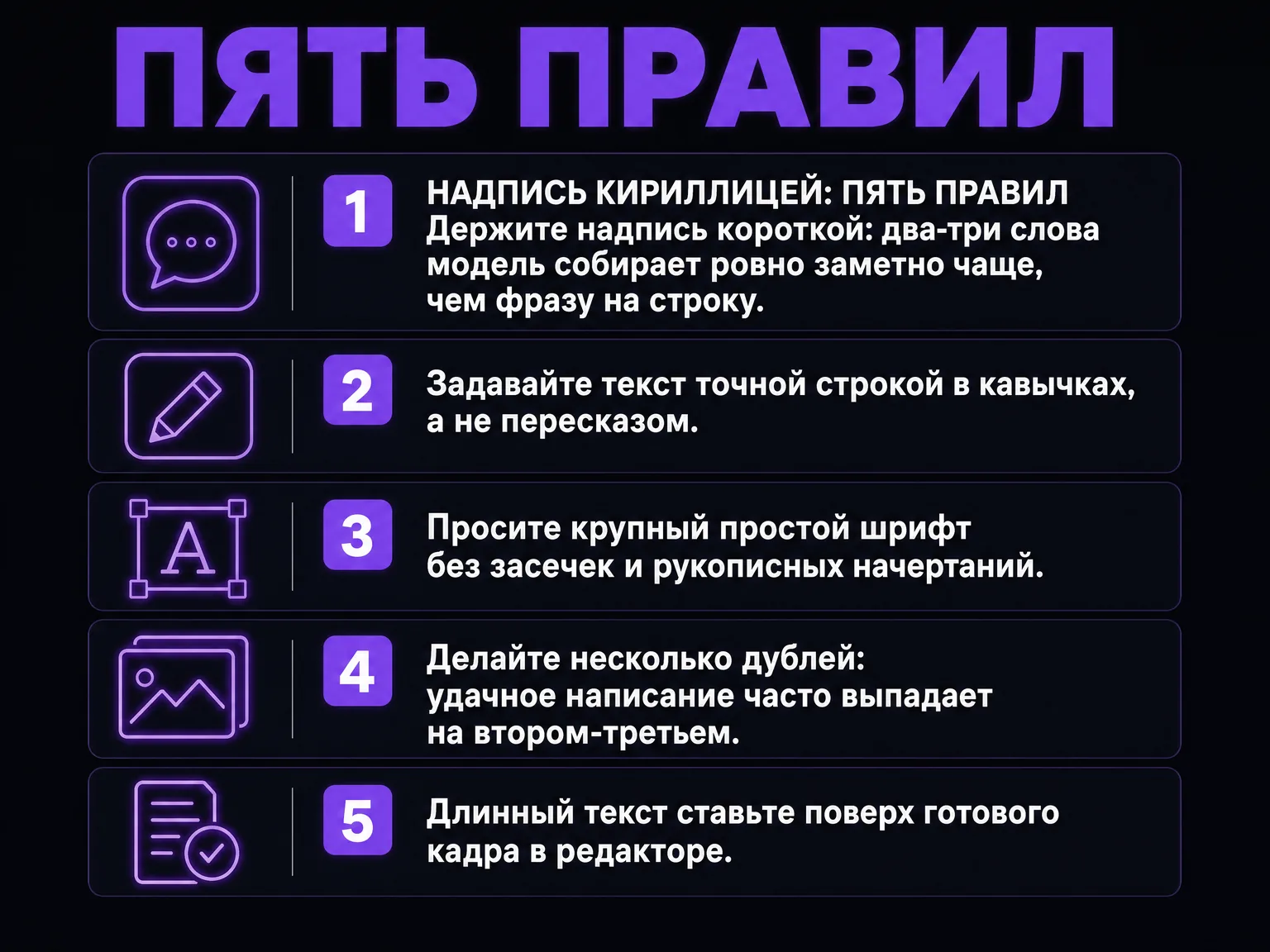 Список из пяти правил для русской надписи в кадре: короткий текст, кавычки, простой шрифт, дубли и добавление текста в редакторе