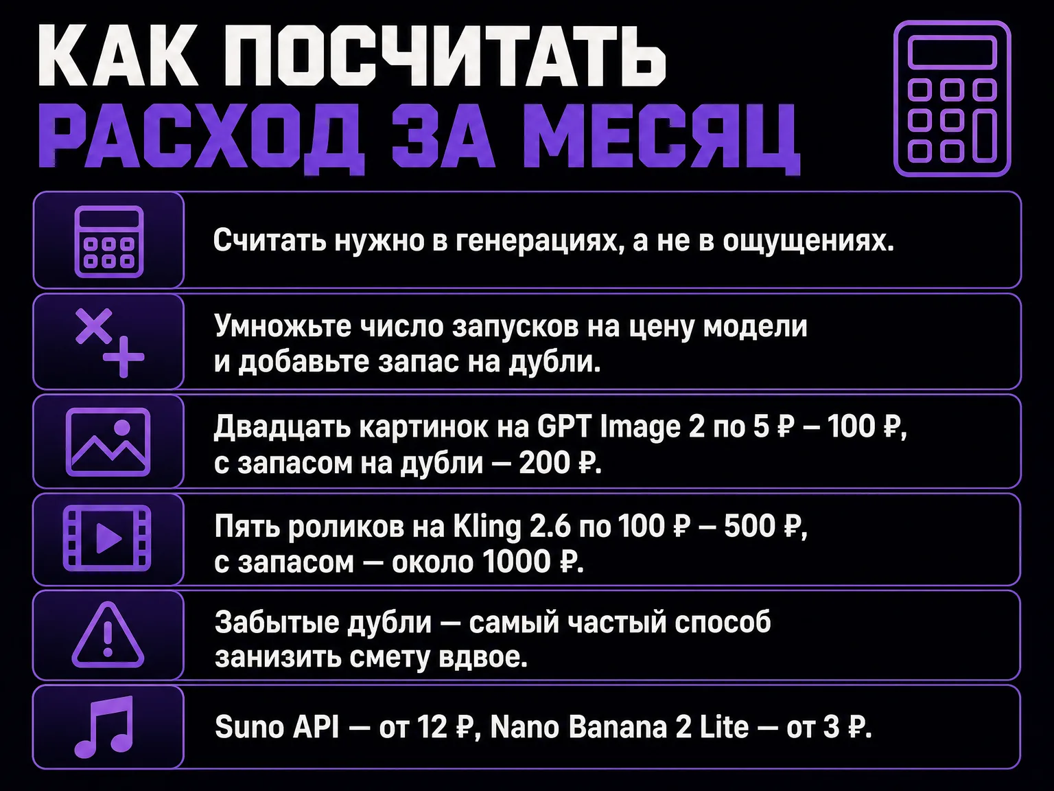 Инфографика с формулой расчёта месячного расхода: число запусков умножается на цену модели плюс запас на дубли