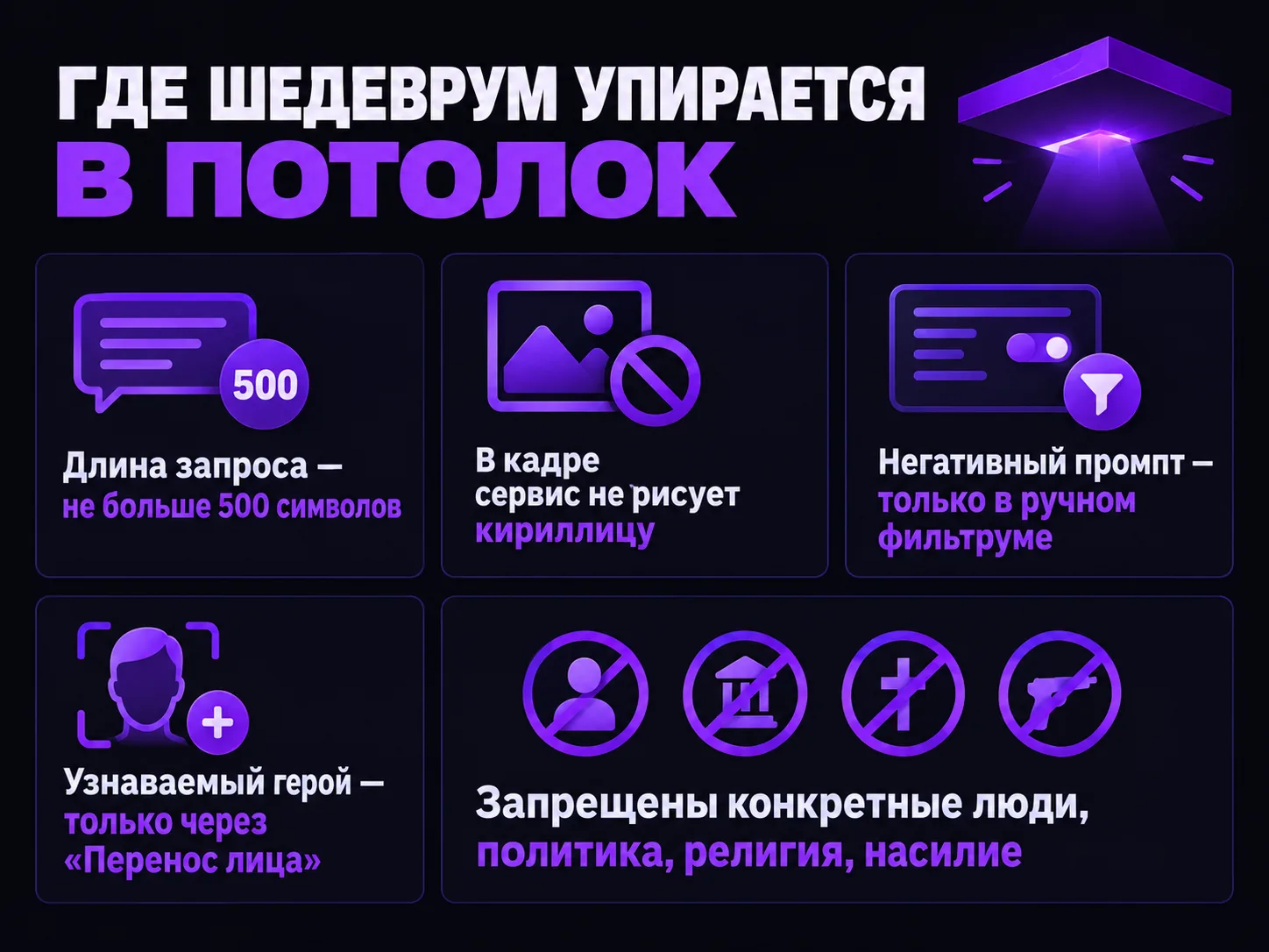 Список из пяти ограничений Шедеврума: длина запроса, кириллица в кадре, негативный промпт, узнаваемый герой, запрещённые темы
