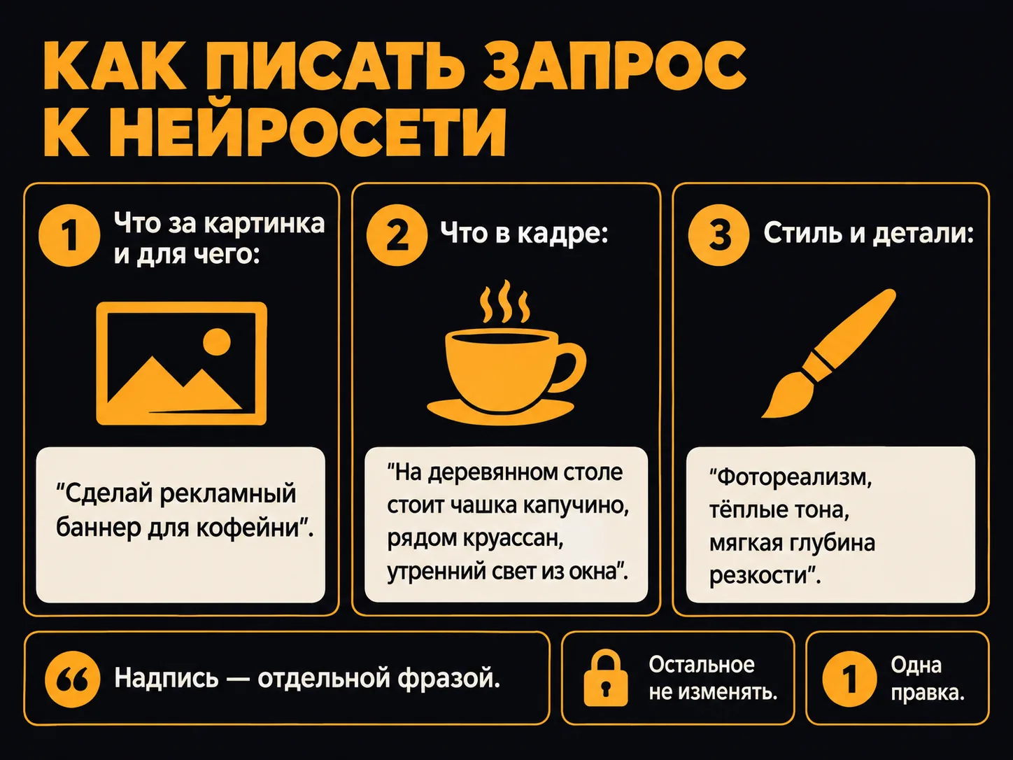 Инфографика: как писать запрос к нейросети — три части с примерами (что за картинка, что в кадре, стиль) и три правила: надпись отдельной фразой, остальное не изменять, одна правка