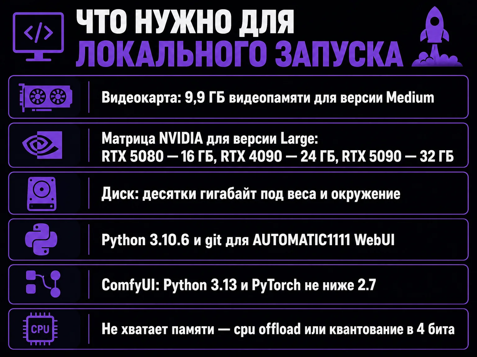 Инфографика с требованиями к железу и окружению для локального запуска: видеопамять, диск, версии Python
