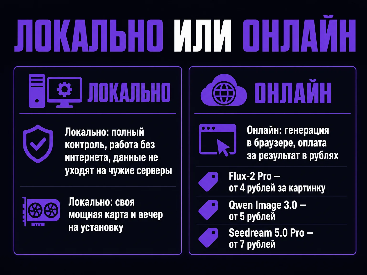 Инфографика со сравнением локального запуска и онлайн-генерации с ценами моделей каталога