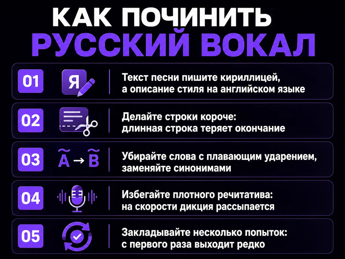 Пять правил, которые улучшают русский вокал в Suno